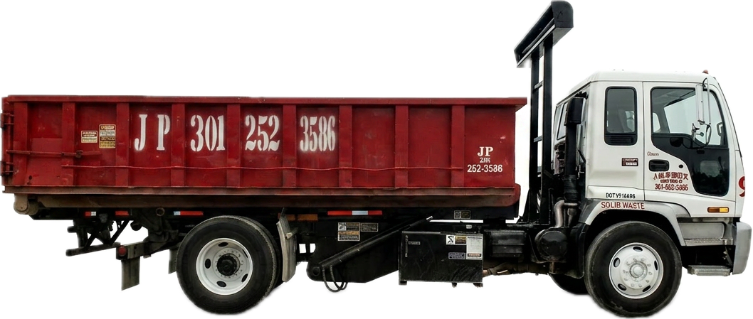 JP Roll-Off Service truck delivering a dumpster in the DMV
